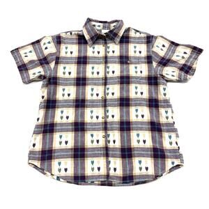 Vtg Cottagecore Heart Plaid Short Sleeve Button Up Grandma Teacher Purple Large